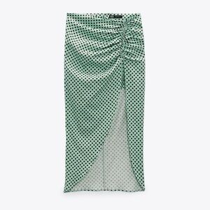 Zara Polka Dot Green Brown Midi Runched Skirt Maxi Slit Linen Blend Size XS